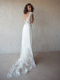 A-Line/Princess Tulle Applique V-neck Sleeveless Sweep/Brush Train Wedding Dresses TPP0006481