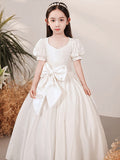 A-Line/Princess Satin Bowknot Sweetheart Short Sleeves Floor-Length Flower Girl Dresses TPP0007508