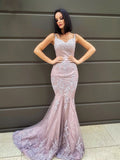 Trumpet/Mermaid Sleeveless Sweep/Brush Train Applique Tulle V-neck Dresses TPP0001619