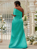 Sheath/Column Satin Ruched One-Shoulder Sleeveless Sweep/Brush Train Bridesmaid Dresses TPP0004923