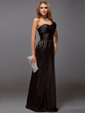 Sheath/Column One-Shoulder Sleeveless Ruffles Long Satin Bridesmaid Dresses TPP0005611