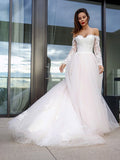 A-Line/Princess Long Sleeves Tulle Applique Off-the-Shoulder Court Train Wedding Dresses TPP0005989