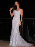 Sheath/Column V-neck Tulle Applique Sleeveless Sweep/Brush Train Dresses TPP0004539