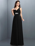 A-Line/Princess V-neck Beading Pleats Sleeveless Long Chiffon Bridesmaid Dresses TPP0005270