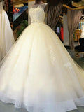 Ball Gown Sleeveless Off-the-Shoulder Sweep/Brush Train Sash/Ribbon/Belt Beading Applique Lace Wedding Dresses TPP0006535