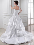 A-Line/Princess One-shoulder Sweetheart Sleeveless Long Pleats Elastic Woven Satin Wedding Dresses TPP0006892