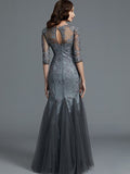 Sheath/Column Scoop Applique 1/2 Sleeves Tulle Floor-Length Mother of the Bride Dresses TPP0007147