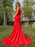 Sheath/Column Stretch Crepe Ruffles V-neck Sleeveless Sweep/Brush Train Bridesmaid Dresses TPP0004953