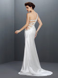 Trumpet/Mermaid One-Shoulder Beading Sleeveless Long Elastic Woven Satin Dresses TPP0003842