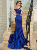 Trumpet/Mermaid Off-the-Shoulder Sleeveless Crystal Sweep/Brush Train Satin Dresses TPP0003094