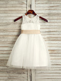 A-Line/Princess Tulle Bowknot Scoop Sleeveless Tea-Length Flower Girl Dresses TPP0007522