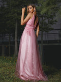 A-Line/Princess Tulle Ruffles V-neck Sleeveless Sweep/Brush Train Bridesmaid Dresses TPP0005008