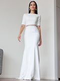 Sheath/Column Stretch Crepe Ruched Scoop 1/2 Sleeves Sweep/Brush Train Wedding Dresses TPP0007027