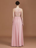 A-Line/Princess Lace Sleeveless Floor-Length Chiffon Ruched V-neck Bridesmaid Dresses TPP0005862