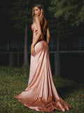 Sheath/Column Charmeuse Ruched Spaghetti Straps Sleeveless Sweep/Brush Train Bridesmaid Dresses TPP0004939