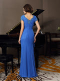 A-Line/Princess V-neck Beading Applique Short Sleeves Long Chiffon Mother of the Bride Dresses TPP0007196