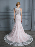 Trumpet/Mermaid V-neck Sleeveless Applique Tulle Court Train Wedding Dresses TPP0006470