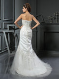 Trumpet/Mermaid Straps Applique Sleeveless Long Satin Wedding Dresses TPP0006715