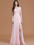 A-Line/Princess V-neck Sleeveless Floor-Length Ruched Chiffon Bridesmaid Dresses TPP0005284