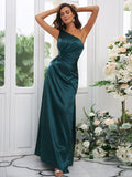 Sheath/Column Elastic Woven Satin Ruched One-Shoulder Sleeveless Floor-Length Bridesmaid Dresses TPP0004908