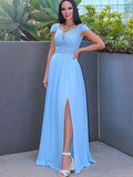 A-Line/Princess Floor-Length Off-the-Shoulder Sleeveless Chiffon Applique Dresses TPP0001475