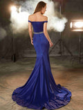 Trumpet/Mermaid Off-the-Shoulder Sleeveless Crystal Sweep/Brush Train Satin Dresses TPP0002328