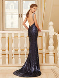 Sheath/Column V-neck Sleeveless Sweep/Brush Train Beading Sequins Dresses TPP0003573