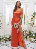 Sheath/Column Silk like Satin Ruched Off-the-Shoulder Sleeveless Sweep/Brush Train Bridesmaid Dresses TPP0004904