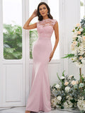 Trumpet/Mermaid Charmeuse Applique High Neck Sleeveless Floor-Length Bridesmaid Dresses TPP0004924