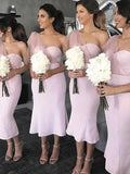 Sheath/Column One-Shoulder Satin Ruffles Sleeveless Tea-Length Bridesmaid Dresses TPP0005586