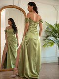 Sheath/Column Elastic Woven Satin Ruched Off-the-Shoulder Sleeveless Floor-Length Dresses TPP0001420