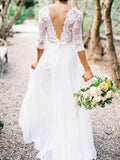 A-Line/Princess 1/2 Sleeves V-neck Floor-Length Applique Lace Chiffon Wedding Dresses TPP0006413