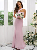 Sheath/Column Stretch Crepe Ruffles One-Shoulder Sleeveless Floor-Length Bridesmaid Dresses TPP0004901