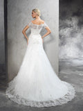 Sheath/Column Off-the-Shoulder Applique Short Sleeves Long Net Wedding Dresses TPP0006450