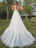 A-Line/Princess Tulle Applique V-neck Sleeveless Sweep/Brush Train Wedding Dresses TPP0006365