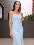 Trumpet/Mermaid Halter Sleeveless Lace Tulle Sweep/Brush Train Dresses TPP0001367