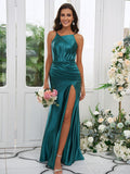 Sheath/Column Charmeuse Ruched Scoop Sleeveless Sweep/Brush Train Bridesmaid Dresses TPP0004919