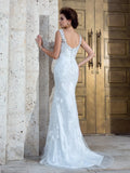 Trumpet/Mermaid V-neck Applique Sleeveless Long Net Wedding Dresses TPP0006703