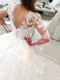 Ball Gown V-neck Long Sleeves Cathedral Train Applique Lace Tulle Wedding Dresses TPP0006128