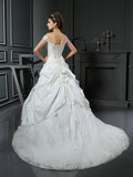 Ball Gown Off-the-Shoulder Hand-Made Flower Sleeveless Long Satin Wedding Dresses TPP0006478