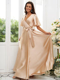 A-Line/Princess Silk like Satin Sash/Ribbon/Belt V-neck Short Sleeves Floor-Length Bridesmaid Dresses TPP0004897