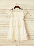 A-line/Princess Scoop Short Sleeves Lace Tea-Length Chiffon Flower Girl Dresses TPP0007820