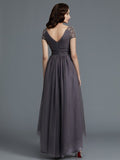 A-Line/Princess V-neck Short Sleeves Asymmetrical Tulle Mother of the Bride Dresses TPP0007098