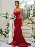 Sheath/Column Elastic Woven Satin Ruched Square Sleeveless Sweep/Brush Train Bridesmaid Dresses TPP0004933