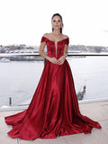 A-Line/Princess Satin Off-the-Shoulder Ruffles Sleeveless Sweep/Brush Train Dresses TPP0004780