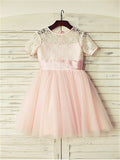 A-line/Princess Jewel Short Sleeves Lace Tea-Length Tulle Flower Girl Dresses TPP0007793