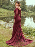 Sheath/Column Stretch Crepe Applique Off-the-Shoulder Long Sleeves Sweep/Brush Train Bridesmaid Dresses TPP0004985