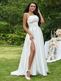 A-Line/Princess Satin Ruffles Spaghetti Straps Sleeveless Sweep/Brush Train Wedding Dresses TPP0006502