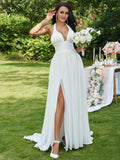 A-Line/Princess Chiffon Ruffles Halter Sleeveless Sweep/Brush Train Wedding Dresses TPP0006344