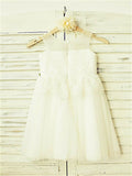 A-line/Princess Straps Sleeveless Hand-made Flower Tea-Length Tulle Flower Girl Dresses TPP0007884